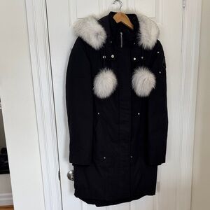 Moose Knuckles Black Puffer Coat with White Fur Trim